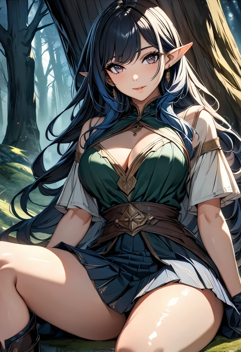 high quality, 4k, 8k, highres, HDR, UHD, masterpiece, ultra-detailed, a beautiful elf woman in a dark fantasy forest, sitting pose, creative angle, mature woman. short skirt, natural clothing, eld boots, extremely detailed face, medium long flowing hair, natural looking hair, rendered hair, dark blue hair, curious expression, sitting under a large tree, anime style, highly detailed, 8k, fantasy art, magical atmosphere, mossy ground, dark setting, demonic forest, dark eyes, rendered eyes, special eyes, pointed ears, detailed dress, intricate details, fantasy landscape, simple background
