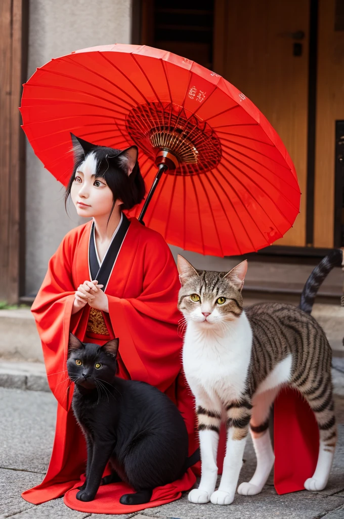 Cat fortune teller and god々He is wearing a bright red hakama.