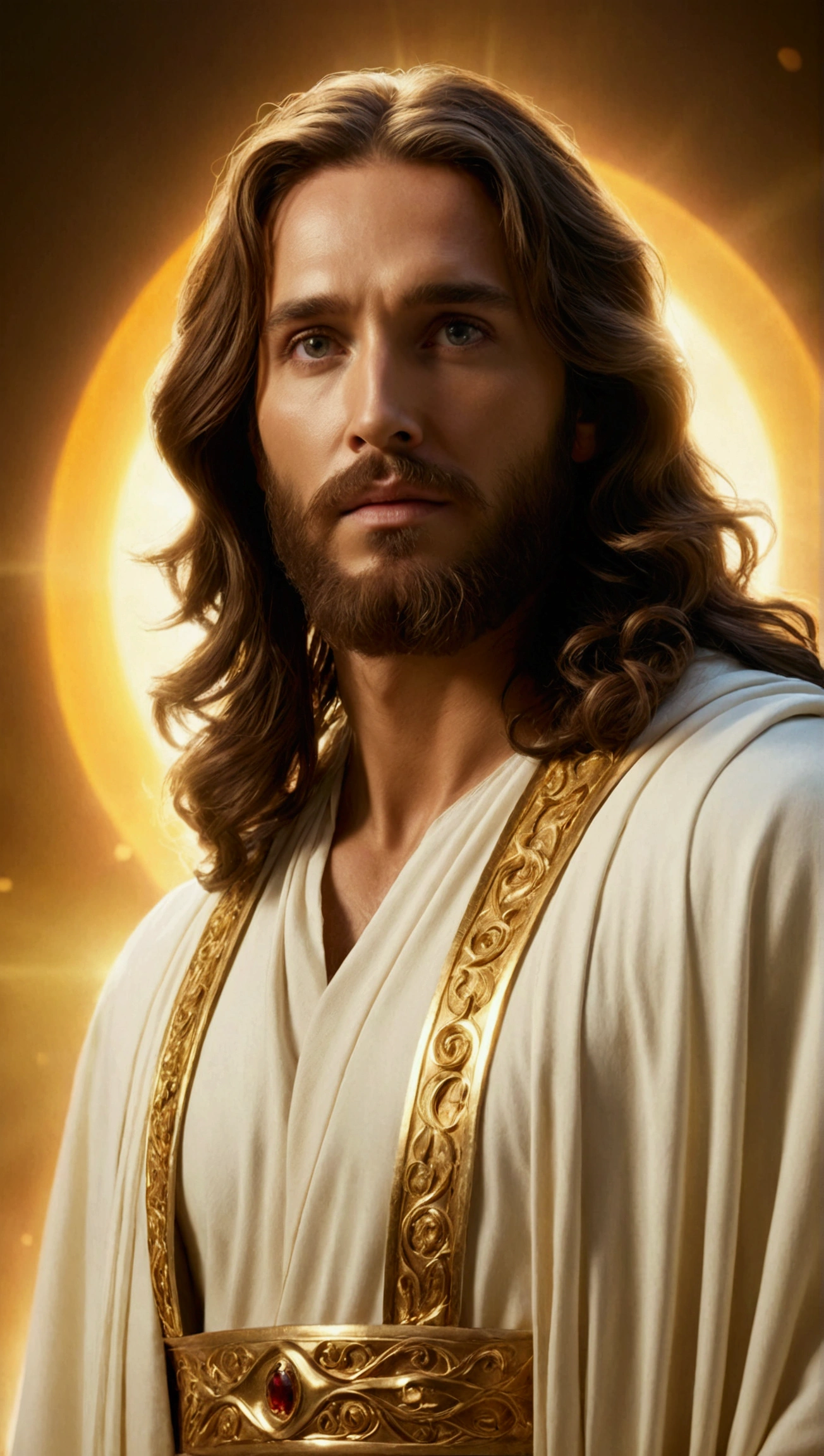 A captivating cinematic-style photograph of 
Jesus, with long wavy hair and a beard, exudes a divine aura, a soft and intense light that seems to emanate from his entire being, outlining his silhouette. Jesus is in heaven, a cosmic and divine environment surrounded by bright clouds. The divine light, with shades of white and gold, contrasts vividly with the surrounding darkness in a panoramic view, creating a halo that softly illuminates the faces of Jesus.
.The image is bathed in a soft, golden light, creating a dramatic and moving atmosphere., photographic, panoramic view, cinematic, intricate details, perfect eyes, perfect skin, perfect face, 4k photorealistic, realistic image, dynamic lighting, hyper- detailed, ultra-realistic, realistic textures, panoramic view.