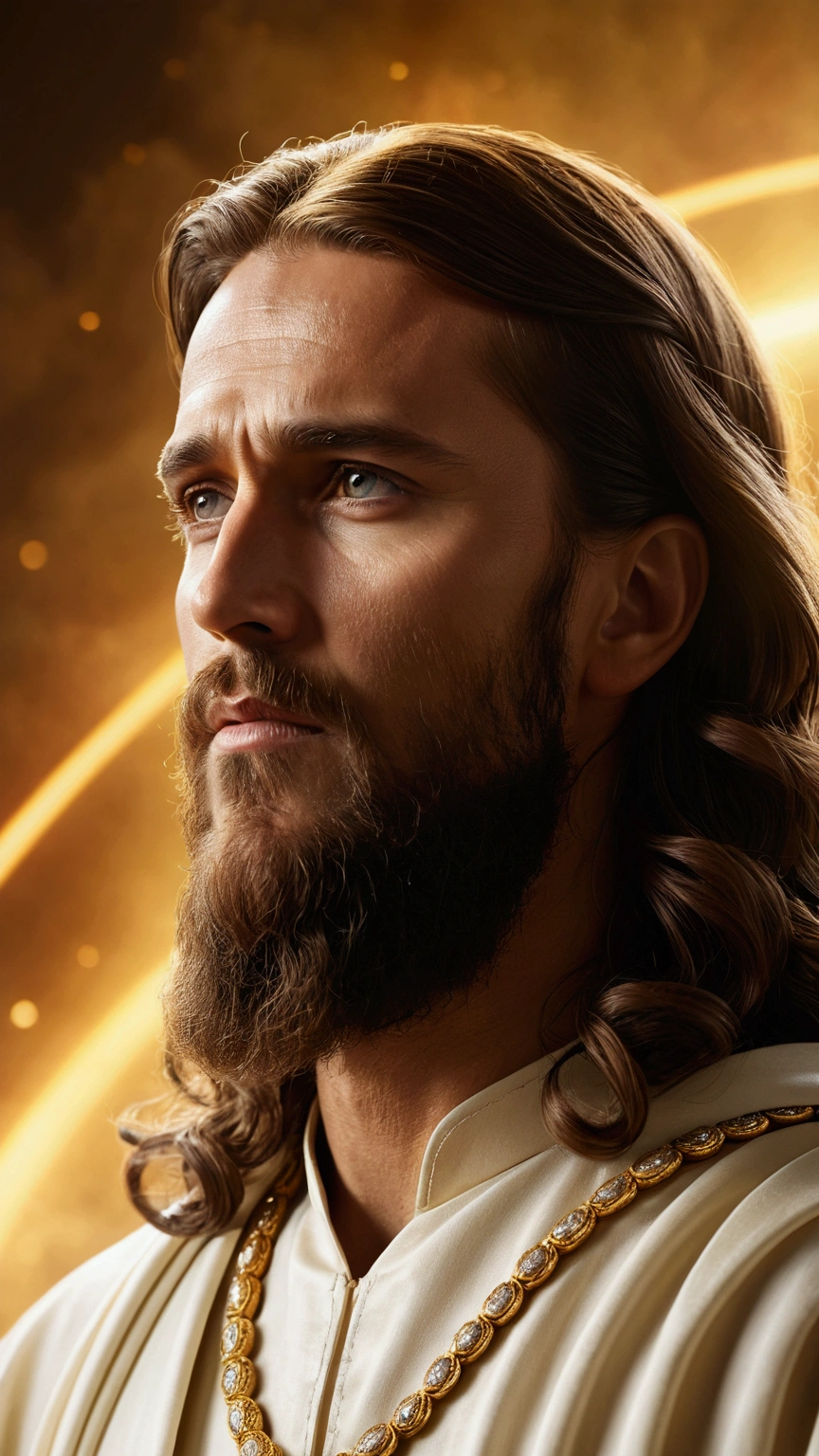 A captivating cinematic-style photograph of 
Jesus, with long wavy hair and a beard, exudes a divine aura, a soft and intense light that seems to emanate from his entire being, outlining his silhouette. Jesus is in heaven, a cosmic and divine environment surrounded by bright clouds. The divine light, with shades of white and gold, contrasts vividly with the surrounding darkness in a panoramic view, creating a halo that softly illuminates the faces of Jesus.
.The image is bathed in a soft, golden light, creating a dramatic and moving atmosphere., photographic, panoramic view, cinematic, intricate details, perfect eyes, perfect skin, perfect face, 4k photorealistic, realistic image, dynamic lighting, hyper- detailed, ultra-realistic, realistic textures, panoramic view.
