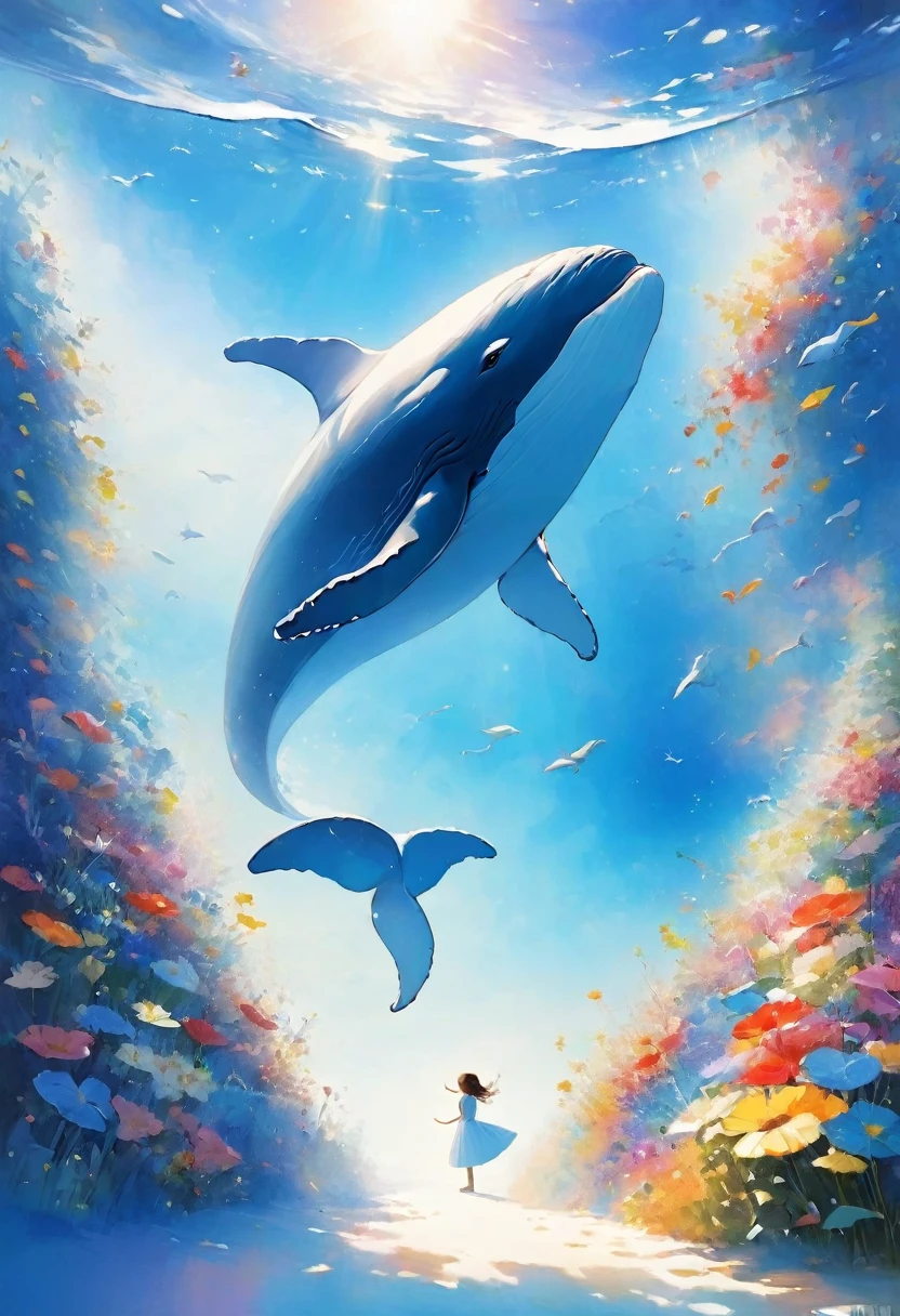 Highest quality:1.2、masterpiece:1.2、(((no gravityのシロナガスクジラ)))、(((Solo Whale、Blue whale flying in the sky)))、Above the Clouds、There is no sea、Blue sky、White sun、A blue whale swimming slowly、Above the Cloudsを泳ぐクジラ、no gravityのクジラ、no gravity、