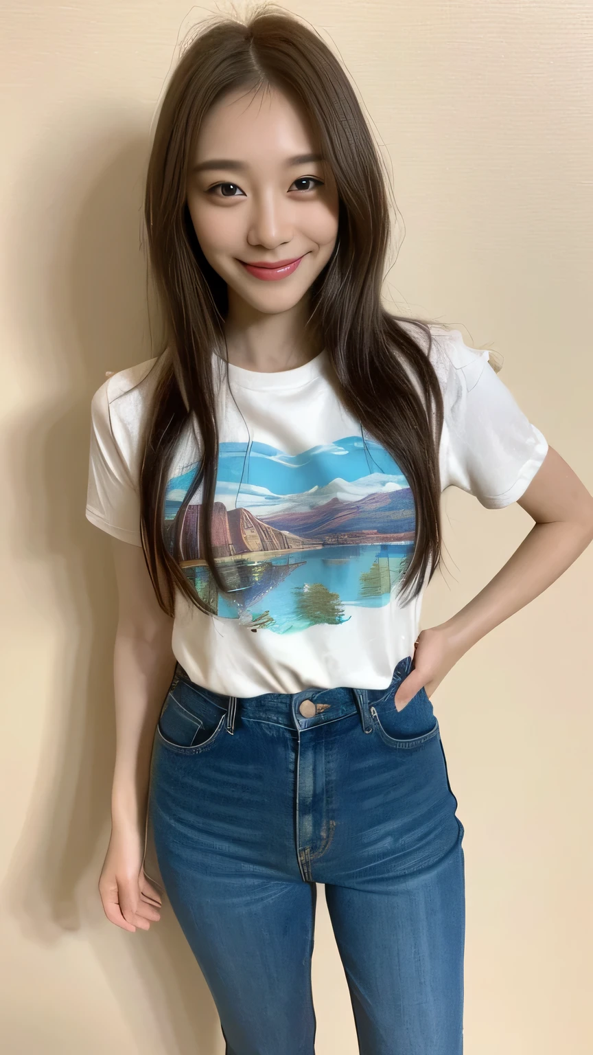 seed:2020674263.((Full body angle:1.1)).((Highest quality, 8k, masterpiece:1.3)), ((from below:1.1)).concentrated:1.2, Perfect body beauty:1.4, Hips:1.2, ((Delicate Hair)), (Colorful printed T-shirt, :1.1) , ((Highest quality、8k、masterpiece:1.3))、1girl、A sloppy smile、Esbian all over body、Slim face、Big 、Beautiful woman、(Dark Brown Hair)、Long Hair、1.1、Flickering Valley、Detailed eyes、double eyelid、Blurred Background、超Slim face、Smile、Looking down、stroll、