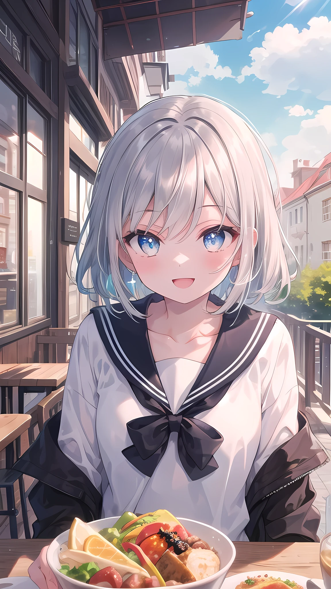 (8k, best quality, master piece: 1.2),super high resolution,1 girl, solo, colorshift eyes, hyperdetailed, expressive eyes, ultra-detailed face, Summer Clothes Sailor、Random hairstyle、silver gay hair, cafe,Terrace seats、 sunshine, Collarbone, Ecstatic expression, lunch