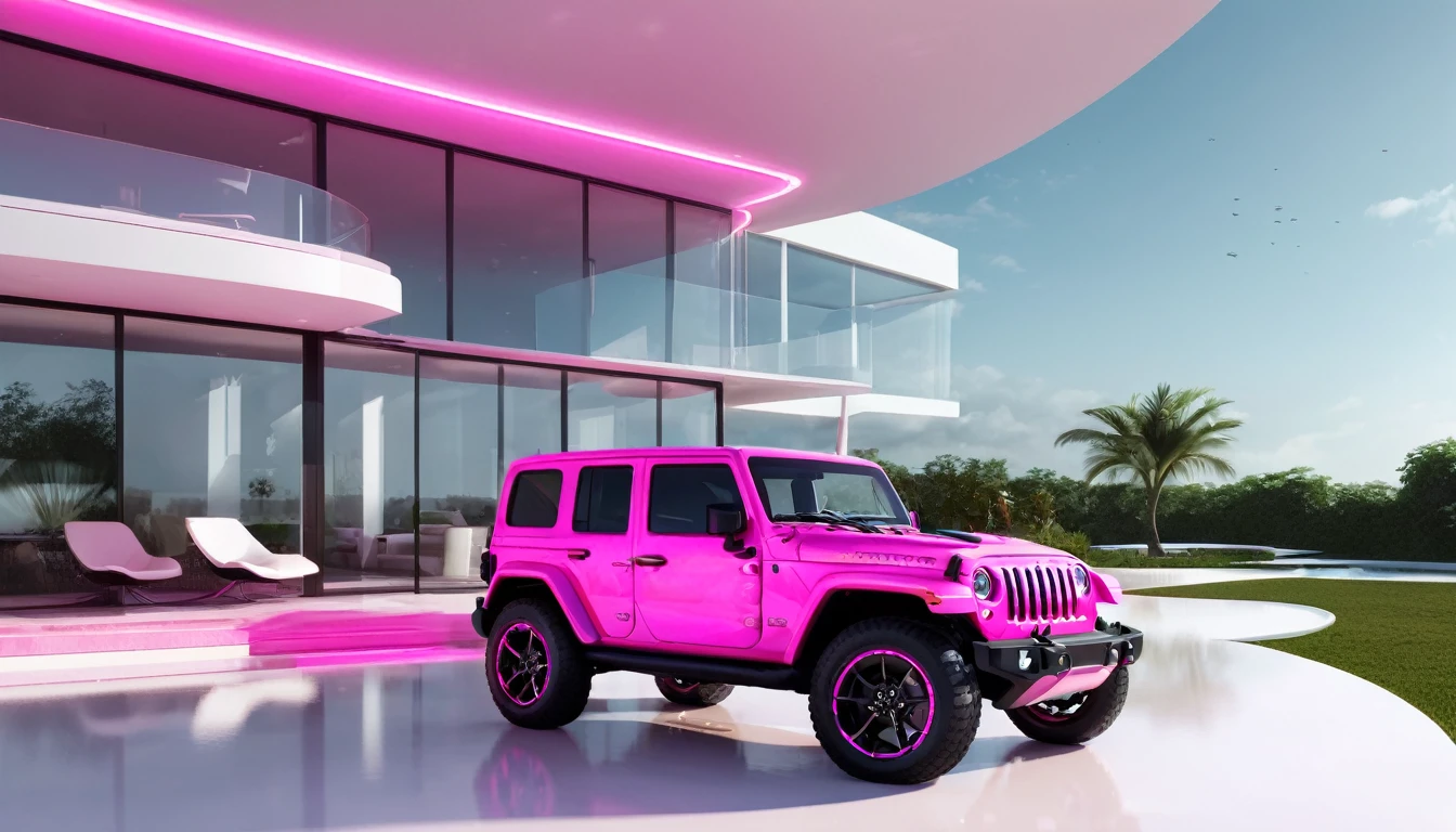 a futuristic house with a floresent hot pink jeep wrangler parked in front of it, cgsocietywlop, beautiful curves, intricate devilish designs, qualia, interesting shapes & form, wow factor, elaborate polished, bioluminescent, colorfull, glow, fluid, architectural rendering, miami, orange soft lighting in interior of house, futuristic battlefield, inspired by James E. Brewton, precise architectural rendering