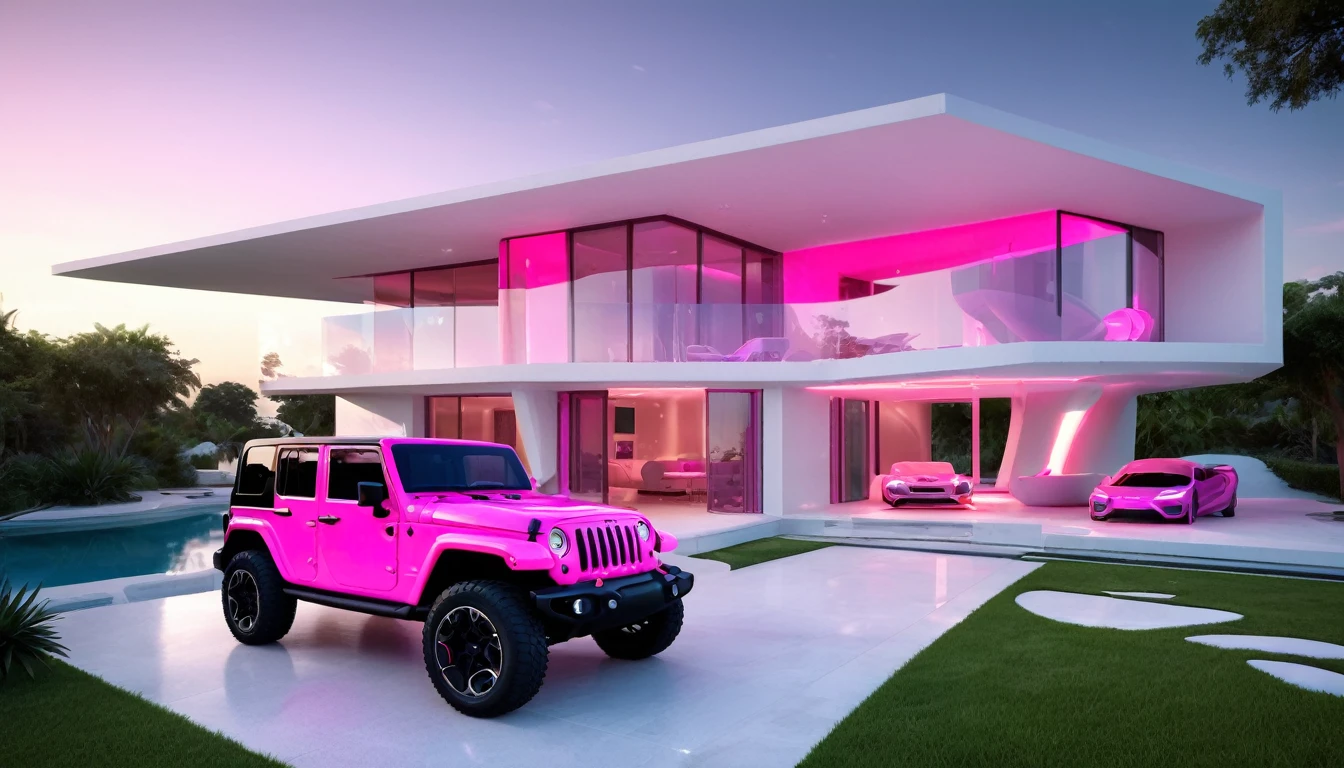 a futuristic house with a floresent hot pink jeep wrangler parked in front of it, cgsocietywlop, beautiful curves, intricate devilish designs, qualia, interesting shapes & form, wow factor, elaborate polished, bioluminescent, colorfull, glow, fluid, architectural rendering, miami, orange soft lighting in interior of house, futuristic battlefield, inspired by James E. Brewton, precise architectural rendering