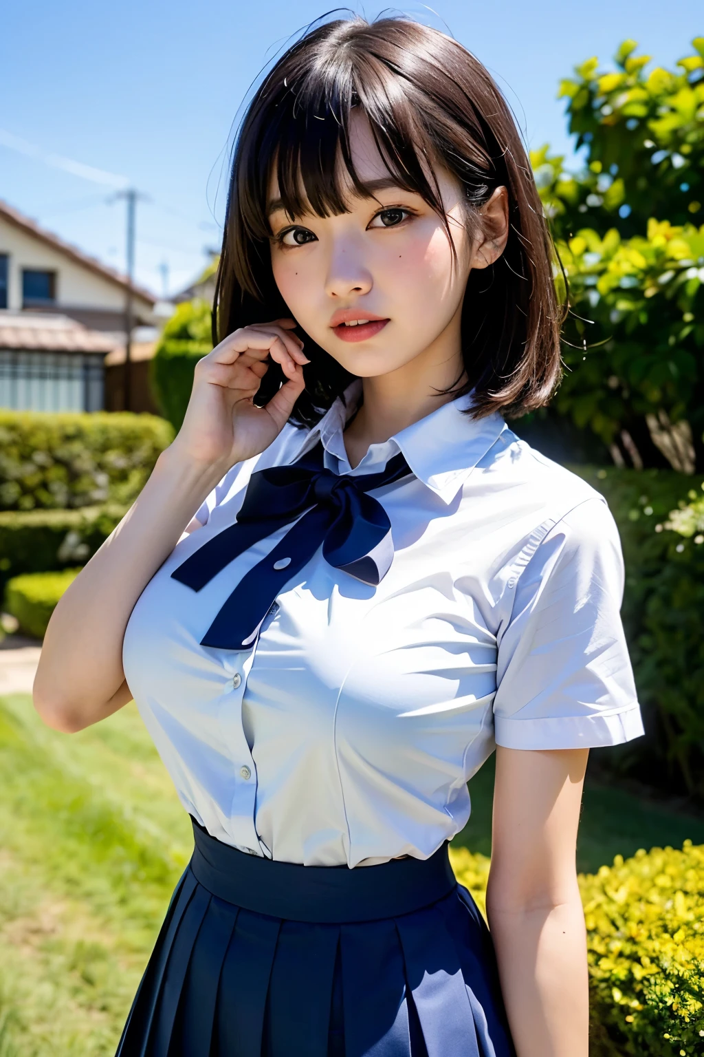 (Highest quality, 8k, 32K, masterpiece, Ultra-high resolution:1.2), Cute Japanese Girl, (Huge breasts:1.1), Short black hair, bangs,tall, (school uniform), Tight waist, (Outdoor, garden, blue sky),(high school girl),