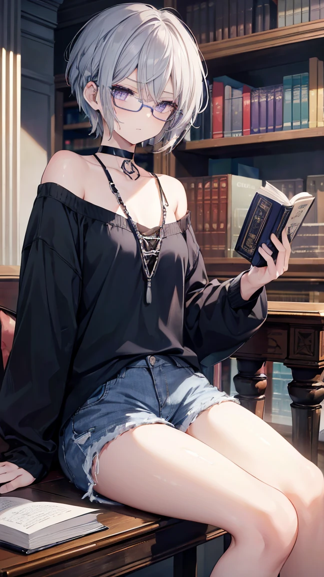 High resolution,high resolution,Girl,(Braiding,Gray Hair,Short Hair,Blue accent color),Purple Eyes,Slanted Eyes,Bad mood,boyish,slender,glasses,sit,Tattoo,library,Shorts,blouse,choker,,