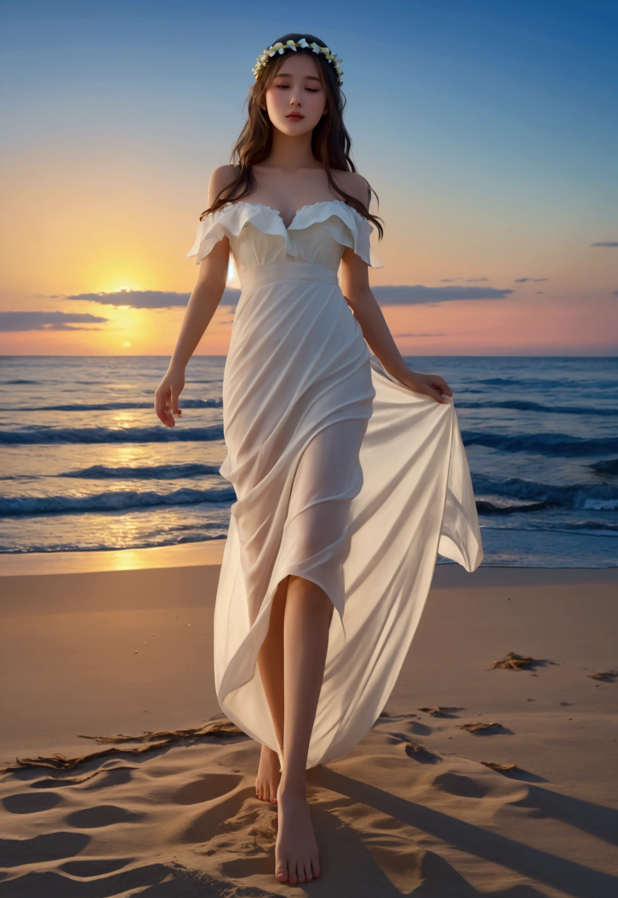 “Beachside Dream”: Picture her near the ocean, the waves gently lapping at her feet. The white dress billows in the breeze, and she wears a flower crown. Describe the sand between her toes and the salt-kissed air.