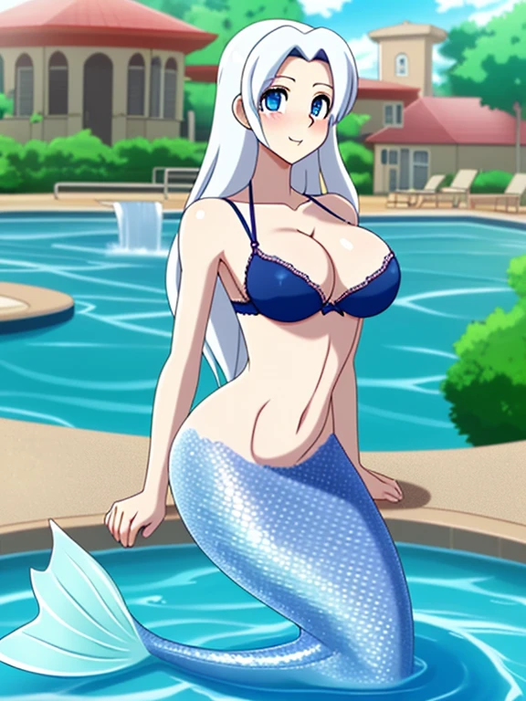 crossdressing, anime, anime high school dxd, tall, mature, beauty, flat chest, long hair, white hair, large breasts, blue eyes, bra, mermaid, water, pool,