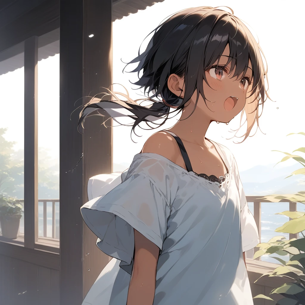 score_9, score_8_up, score_7_up, source_anime, best quality, masterpiece, official art, absurdres, highres, ultra-detailed,waifu2x,Collection: Slice of Life,break,1girl, tomboy, dark-skinned female, short hair, low ponytail, flat chest, beautiful detailed eyes, short shorts, sweat, open mouth, (yawn:0.3), sleepily, outdoors, wind,break,(clear line illustration:1.2), super detailed skin,very high resolution, very aesthetic, Best sexual lighting powered by famous artist, 8k,cute picture,beauty illustration,photoshop_(medium),,(Detailed Lighting),best anime 8k konachan wallpaper, pixiv contest winner,