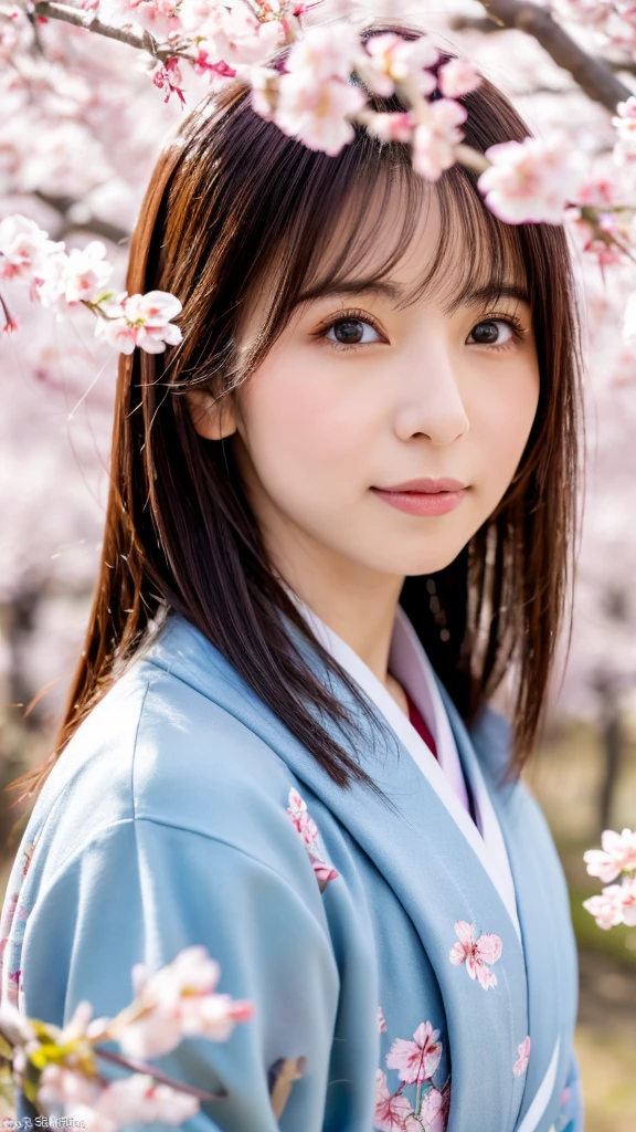 (masterpiece), High quality, 8K, High resolution, Skinny Japanese woman, 30 years old, Cute face:2, detailed face, detailed eyes, standing under cherry blossom trees, cascade of falling cherry blossoms, Japanese kimono