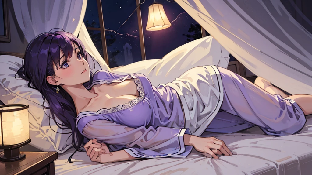 "In a quiet bedroom at night, a female character lies in bed, reading a book. The full moon shines outside the window, and sheer curtains gently sway. She is dressed in relaxed pajamas, and the room is lit with soft tones of blue and purple. A warm light on the bedside table creates a cozy atmosphere."
