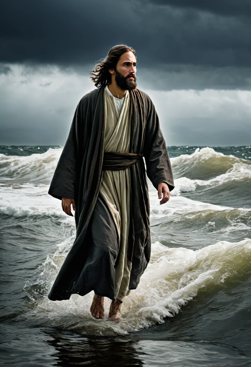 Peter, disciple of Jesus, leaving the park to walk on the water, with darker weather and rough seas