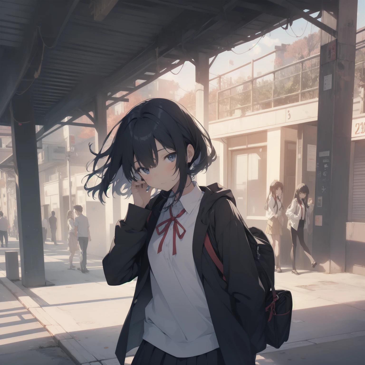 ultra-absurdres-Top quality by artist God, ultra-detailed, high resolution, anime moe artstyle, best anime 8k konachan wallpaper, pixiv contest winner, pool:2810, perfect anatomy,break, 1girl, (Please draw a girl walking sleepily to school alone. )break,(Solo,little female, 13-year-old:1.3),Full limbs, complete fingers,a junior high school student, (very short hair), short cut, flat chest, , small butt, small black eyes, beautiful detailed eyes, well-proportioned iris and pupils, expressive eyes, highres detailed hair, soft expression, salor school_uniform, sailor collar, serahuku, bow, pleated skirt,(Detailed Lighting), (Detailed background), in the School commute route. break,super detailed skin, Best cinematic lighting powered by famous artist, 8k,beauty illustration,photoshop_(medium),very aesthetic,break,((artist:yuuhagi_(amaretto-no-natsu) )), artist:clamp ,artist:carnelian ,artist:kantoku ,
