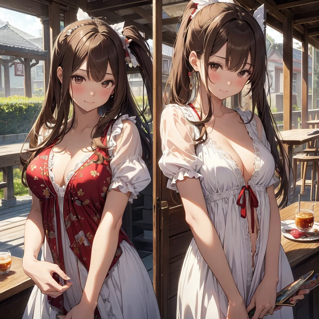 ((master piece)) , Amagi Brilliant Park , ((Sento Isuzu)) , ((detailed art style)) , ((highly detailed)) , ((finely detailed)) , ((beautiful girl)) , (photo realistic) ,dress , leaning back, arm support, light smile, ,negligee, NEGLIGEE, dress, frills, babydoll, navel, underwear, sento isuzu, brown hair, long hair, antenna hair, ponytail, brown eyes, ribbon
