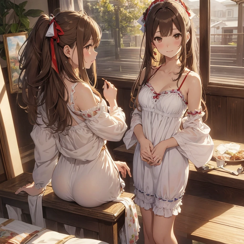 ((master piece)) , Amagi Brilliant Park , ((Sento Isuzu)) , ((detailed art style)) , ((highly detailed)) , ((finely detailed)) , ((beautiful girl)) , (photo realistic) ,dress , leaning back, arm support, light smile, ,negligee, NEGLIGEE, dress, frills, babydoll, navel, underwear, sento isuzu, brown hair, long hair, antenna hair, ponytail, brown eyes, ribbon
