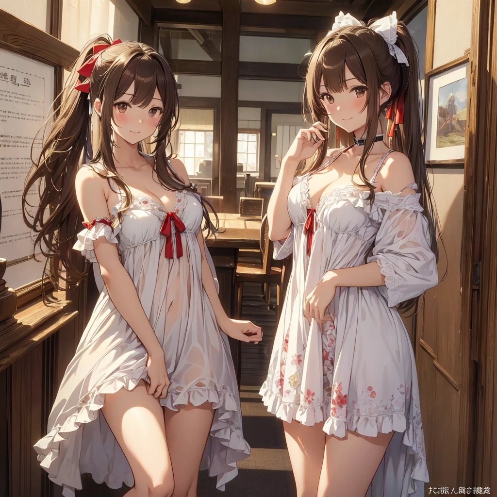 ((master piece)) , Amagi Brilliant Park , ((Sento Isuzu)) , ((detailed art style)) , ((highly detailed)) , ((finely detailed)) , ((beautiful girl)) , (photo realistic) ,dress , leaning back, arm support, light smile, ,negligee, NEGLIGEE, dress, frills, babydoll, navel, underwear, sento isuzu, brown hair, long hair, antenna hair, ponytail, brown eyes, ribbon
