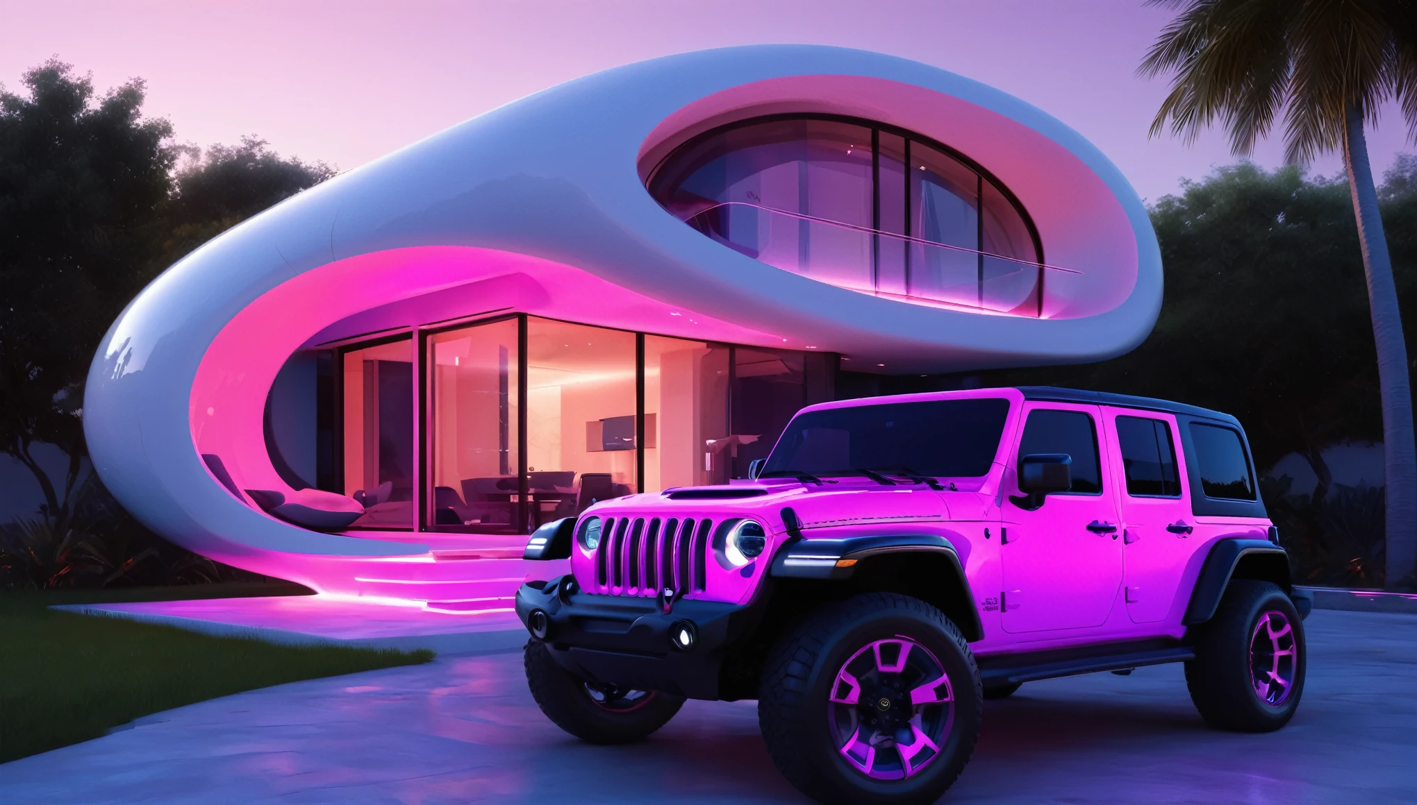 a futuristic house with a floresent hot pink, orange and purple jeep wrangler parked in front of it, cgsocietywlop, beautiful curves, intricate devilish designs, qualia, interesting shapes & form, wow factor, elaborate polished, bioluminescent, colorfull, glow, fluid, architectural rendering, miami, orange soft lighting in interior of house, futuristic battlefield, inspired by James E. Brewton, precise architectural rendering
