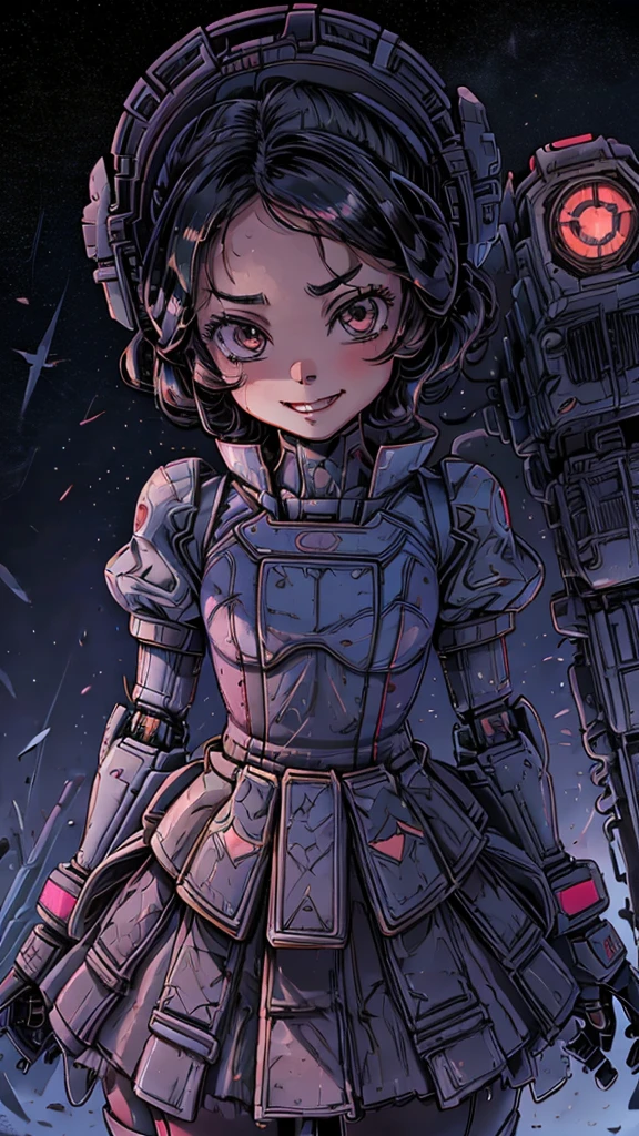 (8k),(masterpiece),(Japanese),(8--old l),((innocent look)),((Childish)),From the front,smile,cute,Innocent,Kind eyes,Flat chest,Hairless vagina, Cameltoe,SnowPrincessw,Mecha,black helmet,dress,puffy sleeves
skirt,short,Hair blowing in the wind,black Hair,Strong wind,night,dark, Neon light cyberpunk Disneyland 