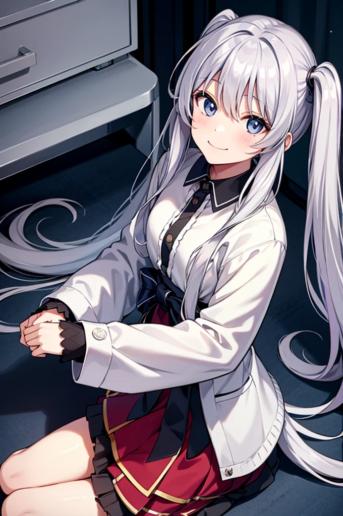 score_9,from above,silver hair, twintails, very long hair, アニメ, best quality, masterpiece、Smile、Checked skirt、look up