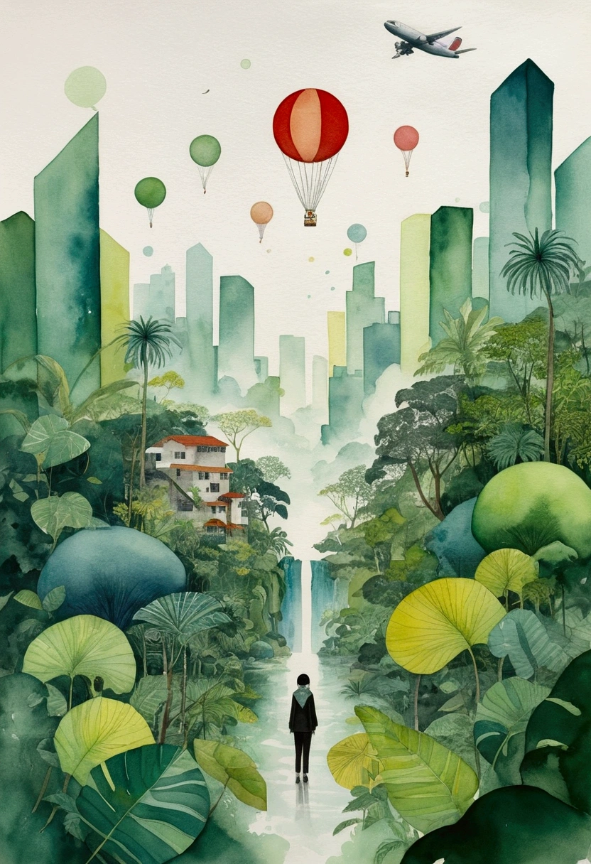 The harmonious survival of the jungle and the city, color block illustration, fashion watercolor, color particles, pencil painting, Liu Ye, Chen Jialing, artistic conception ink painting, Lin Fengmian, plane composition, abstract geometry, Monterey'an