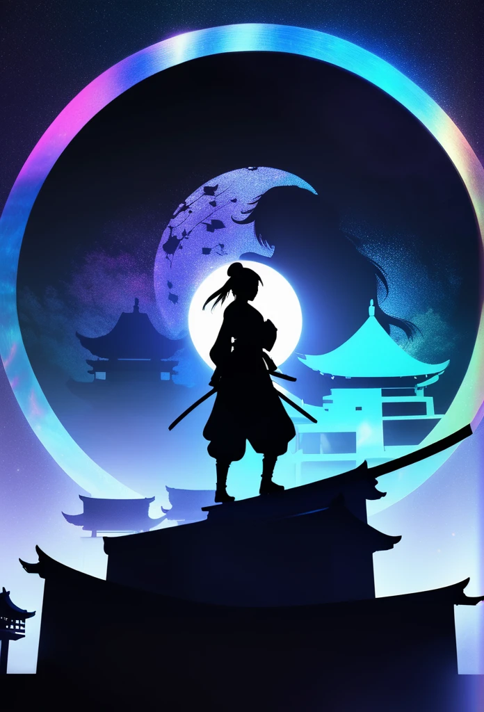 mate piece, Kunoichi, logo, monotony, moon, depth of field, (holographic glow effect:1.3), double exposure, ancient city, silhouette, masterpiece,