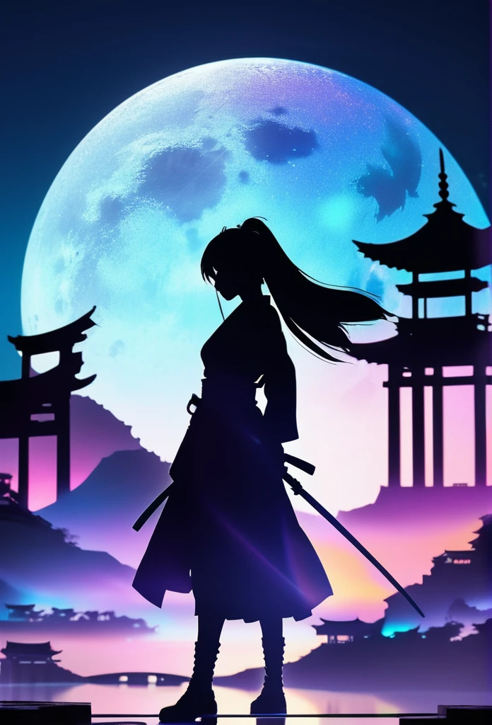  mate piece, Kunoichi, logo, monotony, moon, depth of field, (holographic glow effect:1.3), double exposure, ancient city, silhouette, masterpiece,