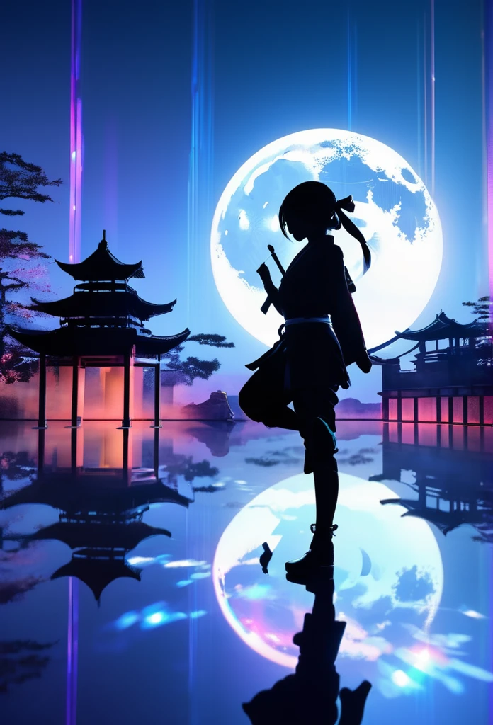 mate piece, Kunoichi, logo, monotony, moon, depth of field, (holographic glow effect:1.3), double exposure, ancient city, silhouette, masterpiece,