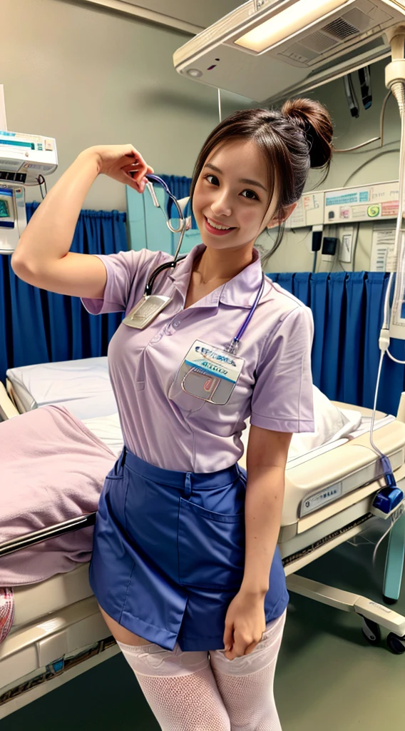 Browsing Caution:0.4、(hospital:1.5)、Sit on the bed、Female nurse、Modern Hairstyles、smile、Busty women)、(24-years-old)、((Super tight uniform))、Trendy pastel color uniforms、(White Stockings)、Nurse shoes、Name tag on chest、Stethoscope from the neck、(Black Hair)、Highest quality、Ultra-high resolution、(Realistic:1.85)、Beautiful Japanese Eyes、Super Beauty、Perfect Style、Perfect balance、Detailed skin、((Delicate photo))，(Detailed RAW photos of girls), (Tabletop:1.25), (Highest quality:1.6), (Ultra-high resolution:1.5), (Realisticです:1.75), 8k resolution, Canon EOS R5, 50mm, Absurd, Very detailed,Cinema Lighting、