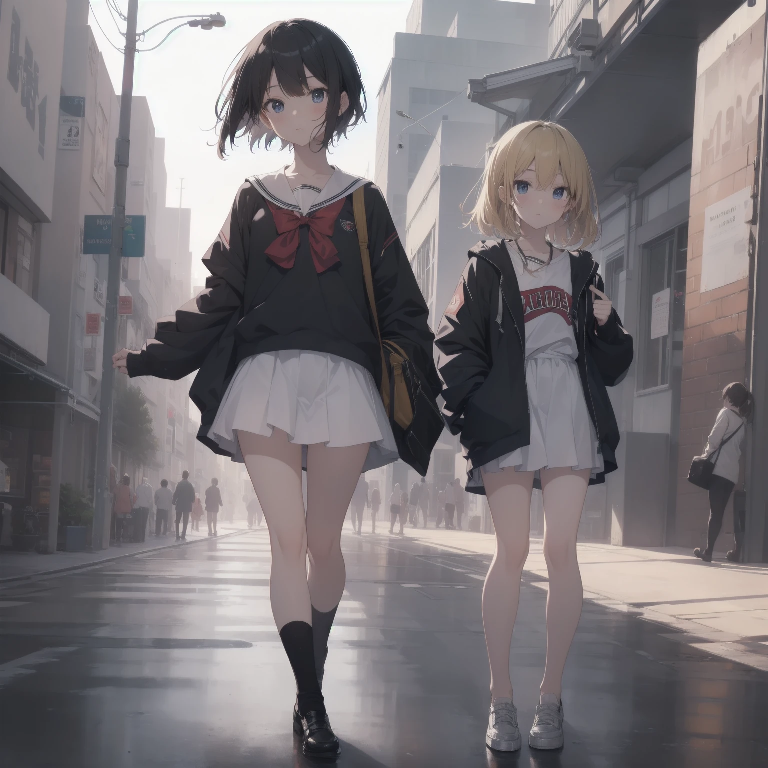 ultra-absurdres-Top quality by artist God, ultra-detailed, high resolution, anime moe artstyle, best anime 8k konachan wallpaper, pixiv contest winner, pool:2810, perfect anatomy,break, 1girl, (Please draw a girl walking sleepily to school alone. )break,(Solo,little female, 13-year-old:1.3),Full limbs, complete fingers,a junior high school student, (very short hair), short cut, flat chest, , small butt, small black eyes, beautiful detailed eyes, well-proportioned iris and pupils, expressive eyes, highres detailed hair, soft expression, salor school_uniform, sailor collar, serahuku, bow, pleated skirt,(Detailed Lighting), (Detailed background), in the School commute route. break,super detailed skin, Best cinematic lighting powered by famous artist, 8k,beauty illustration,photoshop_(medium),very aesthetic,break,((artist:yuuhagi_(amaretto-no-natsu) )), artist:clamp ,artist:carnelian ,artist:kantoku ,