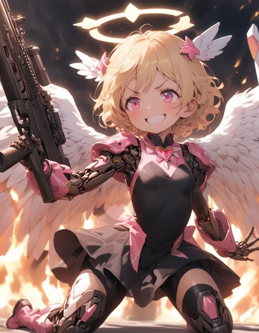 bike shorts,jet fire,(cyborg:1.3), mecha hand,machine wing,,smile,,armor boots,,,(head gear:1.25),,,halo,,,(black dress:1.3),(enamel costume:1.3),latex clothes,,,dynamic angle,,、,Inner thigh,halo,angel wing,,,boy,,annoyed,(tareme:1.3),,Cute,,(Wavy Hair:1.25),souljem,magic brooch,No bangs,(small breasts:1.25),(Short hair:1.3),,brooches,(Blonde hair:1.3), {{disheveled hair}},,,(slim:1.4),thin、,hair tube,whipped paws,,,,(pink eyes:1.1),,,(15years old:1.25),,, Gradient Hair,,,dynamic pose,,angel,fighting stance,an ethereal automaton girl,(kneeling:1.2),headgear,mechanical,(8k high resolution:1.2), Glowing pink eyes, Wearing a magical girl costume,(holding rifle:1.5),,black skirt,
assault rifle