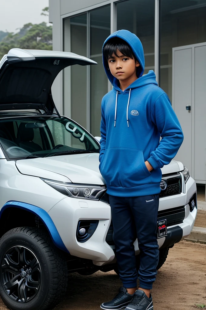 A boy standing in front oh his dream car that is toyota fortuner the boy is wearing a blue hoodie covering his head and toyota fortuner is visible fron front side the boy is facing towards the car