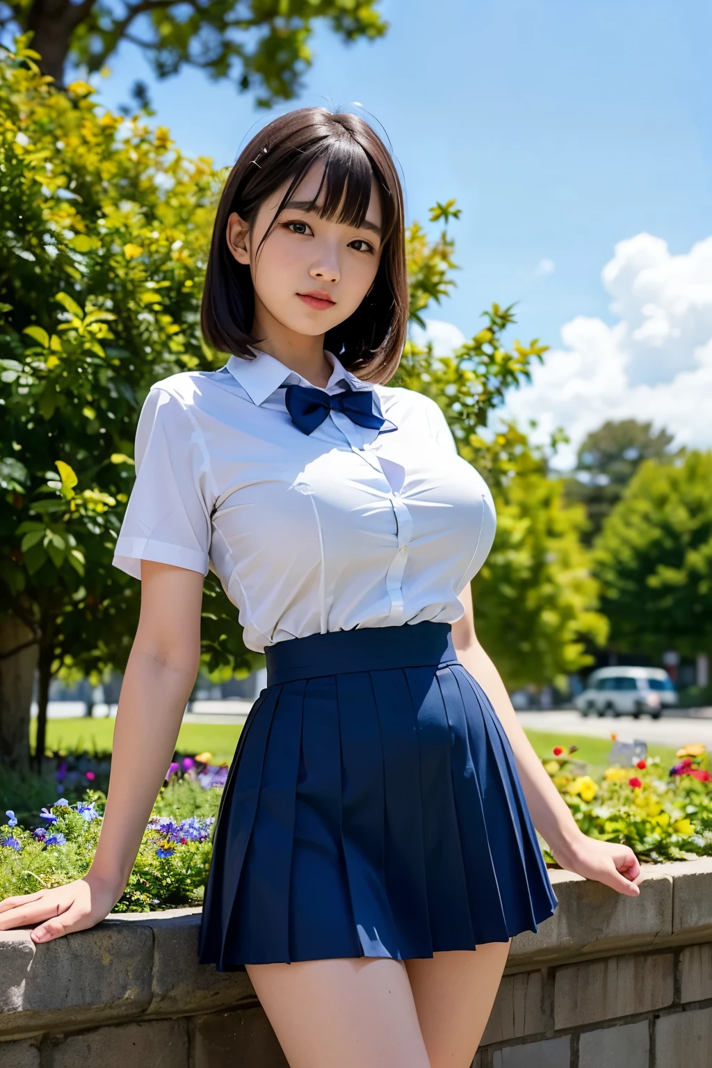 (Highest quality, 8k, 32K, masterpiece, Ultra-high resolution:1.2), Cute Japanese Girl, (Huge breasts:1.1), Short black hair, bangs,tall, (school uniform), Tight waist, (Outdoor, garden, blue sky),(high school girl),