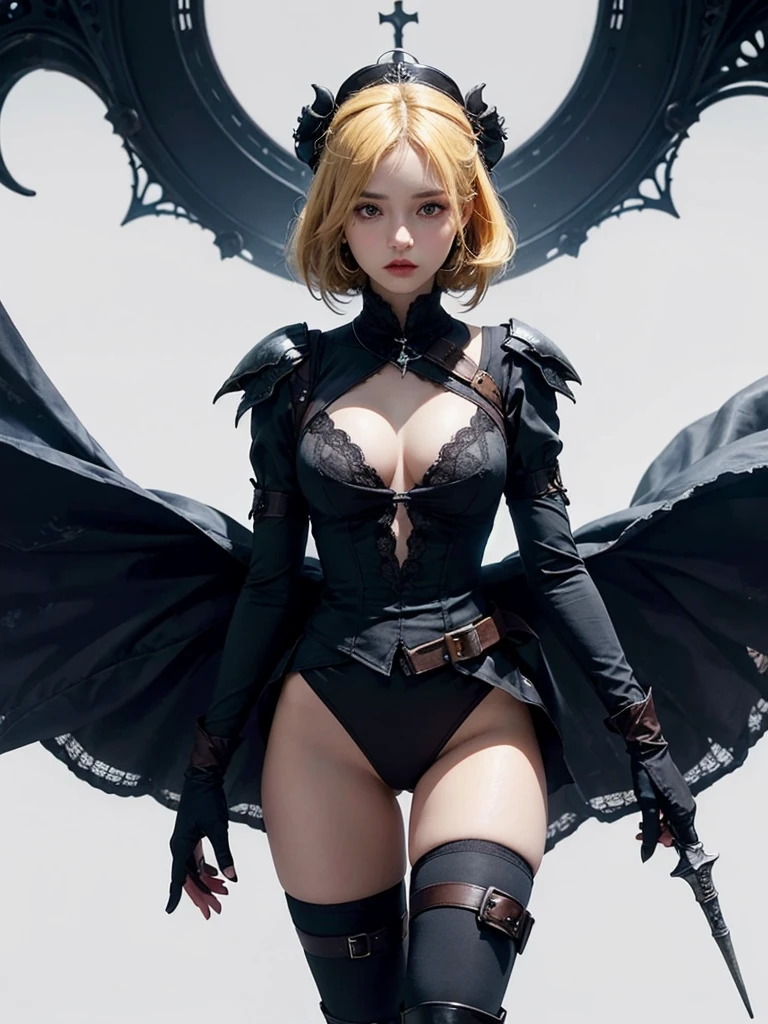 (Masterpiece:1.5), top quality, official art, super detailed, 1 Girl, 18 years old, elegant black dress, ruffled skirt, gloves, beautiful hair, bangs, white hair, short hair, blue eyes, beautiful eyes, eye highlights, beautiful skin, fresh skin, knee high boots, cinema like lighting, big tits, simple Black catsuit, Hair blowing in wind, White background, niji5, NieR, 2B