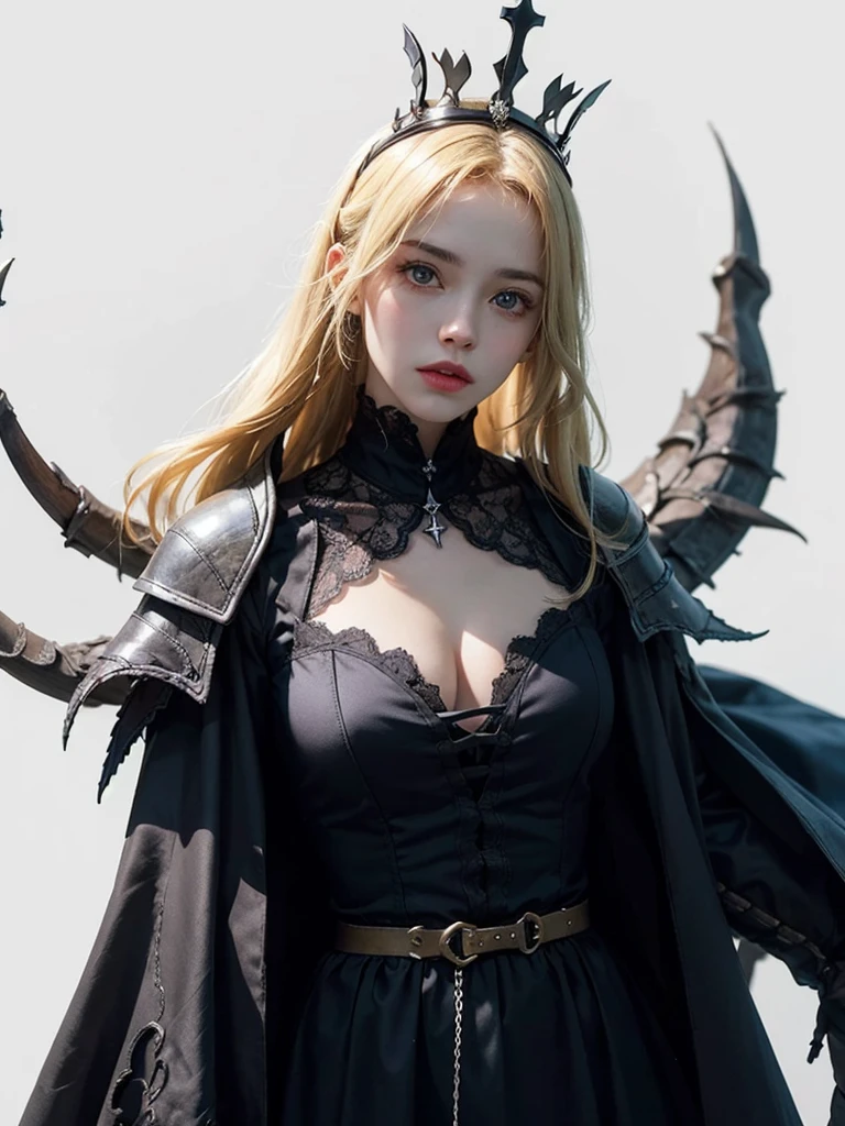 mpts copy male or female knight,Melon seed face,Yellow Hair,crown, Hyper HD, Wide-angle, Bokeh, Wide-angle, 8k, Attention to detail, high quality, masterpiece, White Background, Bloodborne infection inspired, Bloodborne infection, plain White Background, Gothic attire, Gothic, occult aesthestic, occult, whole body, full body, body, Mourning clothes, Inspired by the Knights Templar,perfect face,1 girl
