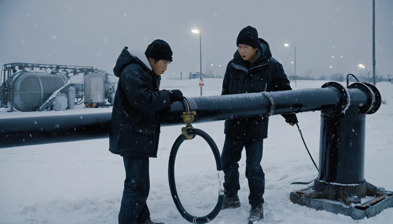 Two 20-year-old men working on a pipeline，Wearing black cotton jacket，Asian，Huge pipe，Use a large wrench，A huge valve that opens half the screen，A huge valve that takes up half of the screen，Painful expression，With cap，indoor，cold，Snow Covered，snowstorm，Gloomy sky