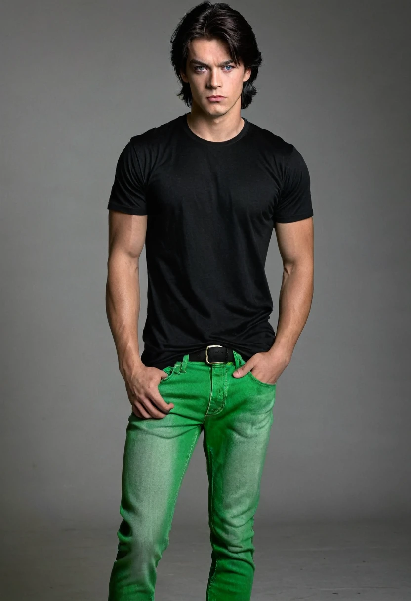 young guy, 20 years, dark hair, athletic build, black T-shirt, green jeans, grey eyes, mysterious, serious face, full length