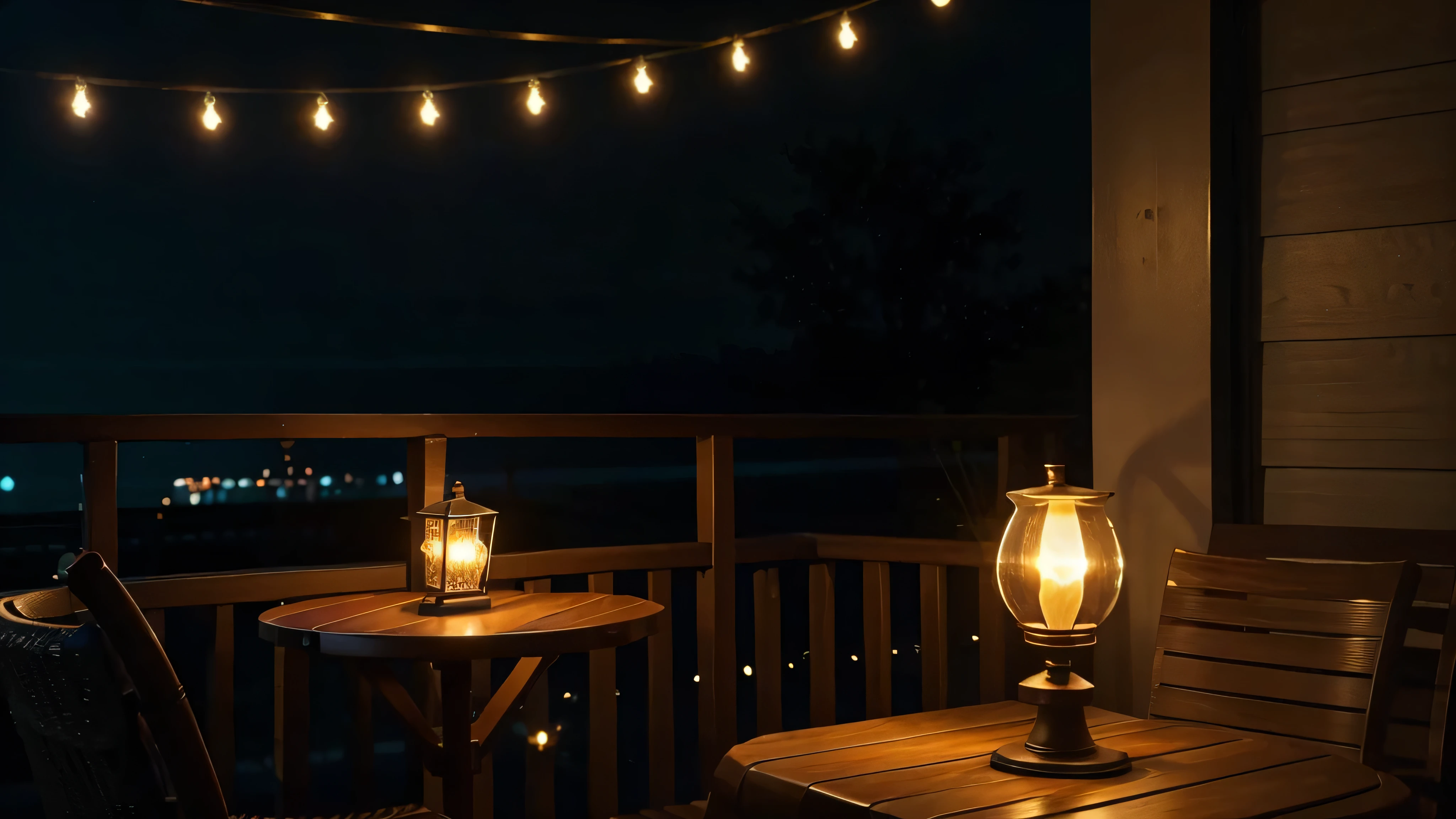 Generate a comfy night vibes background with a restaurant table, on the table there is a candle lamp, it's a warm lighting and the candle lamp on the porch, romantic vibes, warm light and beautiful vibes