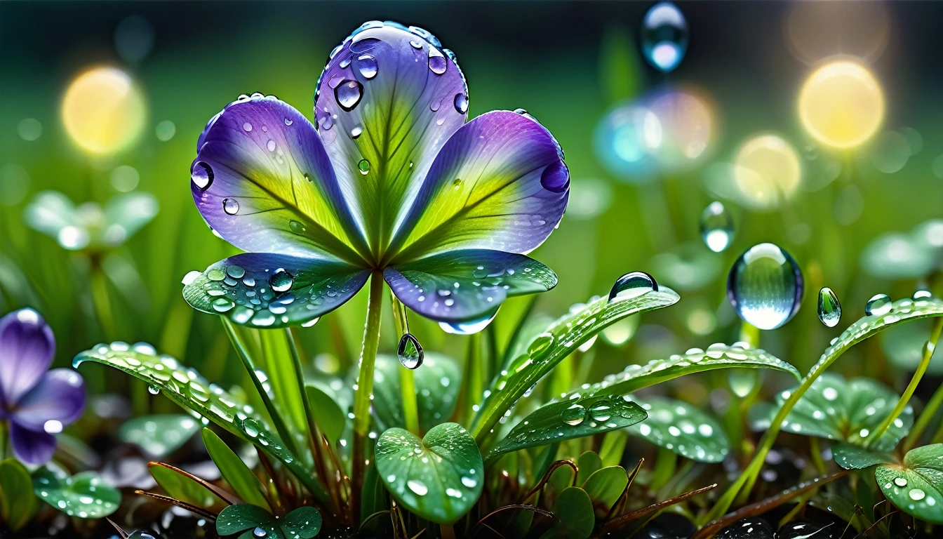 The spring sun shining brightly on the wet grass, Violets drooping slightly as if shedding March tears, Reflective petals amplify the glow, The grass blades, almost translucent with moisture, sway., Water droplets capture light and emit a dazzling spectrum, Surreal, Ultra-detailed, 32K resolution, Mossy stone peeking through the blade, The dew on the clover leaves acts as a prism, tendency. Best image quality, High resolution, Realistic, RAW Photos