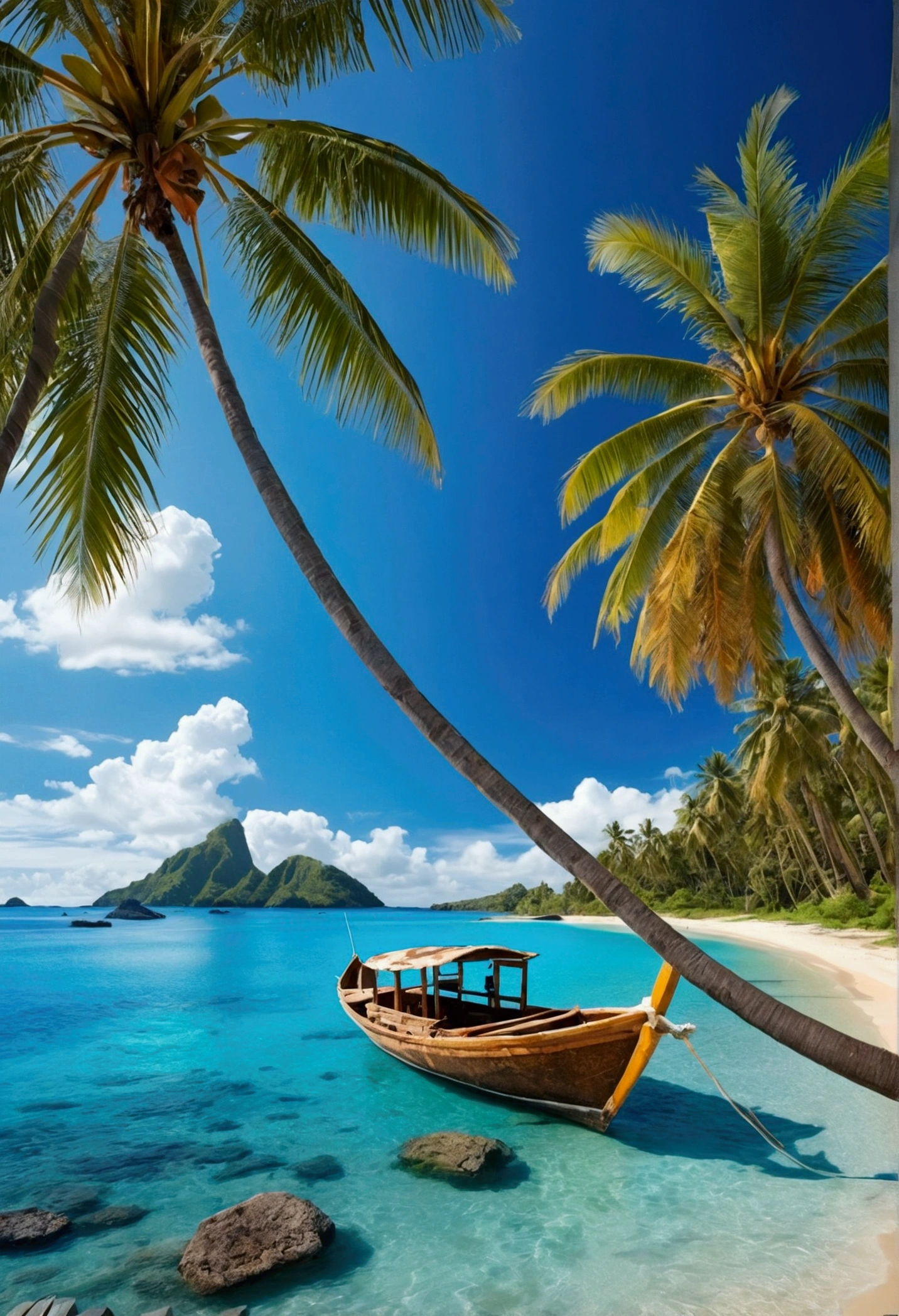 Coconut trees along the beach，sunny，blue sea，Coconut water，Long diagram、Palm Tree Boat