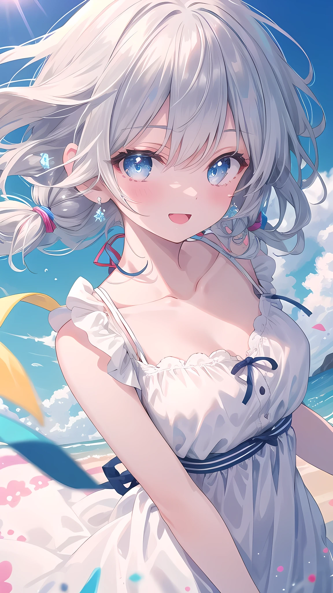 (8k, best quality, master piece: 1.2),super high resolution,1 girl, solo, colorshift eyes, hyperdetailed, expressive eyes, ultra-detailed face, Summer Dresses、Random hairstyle、silver gay hair, Wind Shopping、 sunshine, Collarbone, Ecstatic expression,