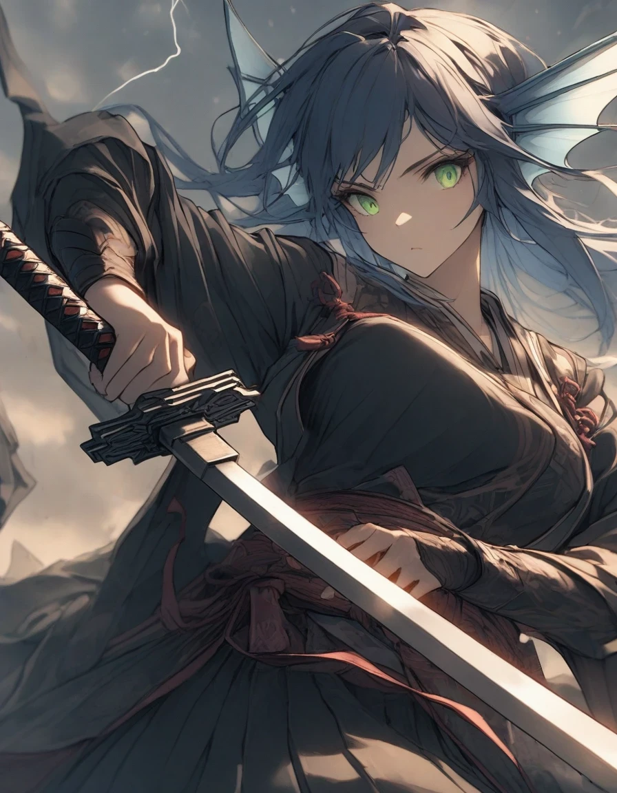 ,snap shot,red katana,fighting stance,(holding huge katana:1.3),,no pattern kimono,(black kimono:1.5),samurai,,,{{{Huge breasts}}},,,,,,long skirt, brooches,Blue brooch,,(dark Blue hair:1.25),gradient_hair,( Green eyes:1.25),hair_ornament detached ,,Very Long Ponytail, poneyTail,, (head fins:1.25),、stormy、lightning bolt,iaidow,weapon, katana, holding sword, ready to draw, sheathed, unsheathing, scabbard,