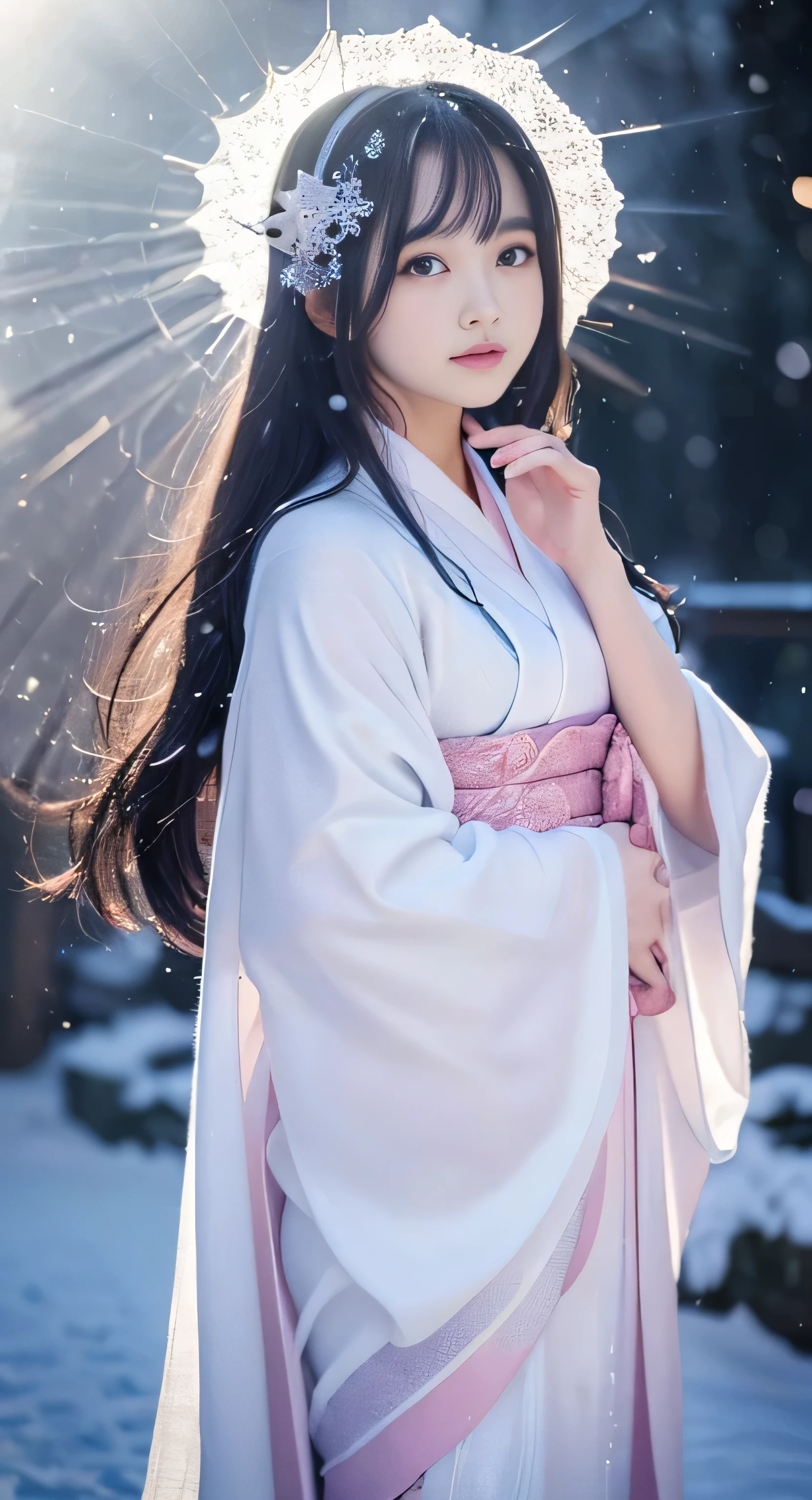 Create an ultra-cute and enchanting depiction of a Yuki-onna, a snow spirit from Japanese folklore, reimagined as a captivating moe character with exaggerated and adorable features that make her the central focus of the scene.
Yuki-onna's Moe Appearance:
Overall Appearance:
Height: Gracefully tall, around 170 cm, standing out with an ethereal presence.
Body Type: Slender and graceful, with an elegant and ethereal figure that exudes a delicate charm.
Facial Features:
Skin: Porcelain white, smooth, and glowing gently like freshly fallen snow, making her stand out in any setting.
Eyes: Exceptionally large and sparkling, filled with a captivating icy blue or gentle lavender hue. Her eyes are expressive and full of life, giving her an innocent and endearing look that draws attention.
Hair: Extraordinarily long, flowing black hair that reaches her waist, with a soft and glossy texture. The ends of her hair shimmer like snowflakes, adding to her enchanting appearance.
Lips: Soft pink with a gentle sheen, providing a touch of warmth that contrasts beautifully with her cold, icy appearance.
Clothing:
Kimono: A beautifully adorned, fluffy white kimono that fits her slender frame perfectly. The hem of the kimono is decorated with intricate snowflake patterns and moves gracefully with her, enhancing her presence.
Obi: A cute and elegant obi with an ice crystal design, slightly glowing with a magical blue light, adding to her mystical aura.
Hands and Fingers:
Hands: Slender and graceful, with delicate fingers that exude elegance. Her nails are short, well-kept, and have a light, natural sheen.
Nails: Slightly frosted, reflecting a soft light that adds to her ethereal charm.
Feet:
Feet: Small and dainty, perfectly matching her overall delicate appearance.
Footprints: Her footsteps leave a gentle sparkle in the snow, as if kissed by frost, making her path stand out.
Distinctive Elements:
Ice Aura: A gentle, shimmering aura of cold surrounds her, adding a touch of magic. Thi