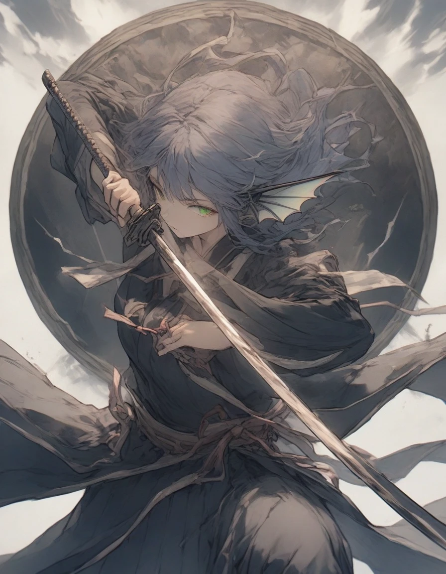 ,snap shot,red katana,fighting stance,(holding huge katana:1.3),,no pattern kimono,(black kimono:1.1),samurai,,,{{{Huge breasts}}},,,,,,long skirt, brooches,Blue brooch,,(dark Blue hair:1.25),gradient_hair,( Green eyes:1.25),hair_ornament detached ,,Very Long Ponytail, poneyTail,, (head fins:1.25),、stormy、lightning bolt,iaidow,weapon, katana, holding sword, ready to draw, sheathed, unsheathing, scabbard,