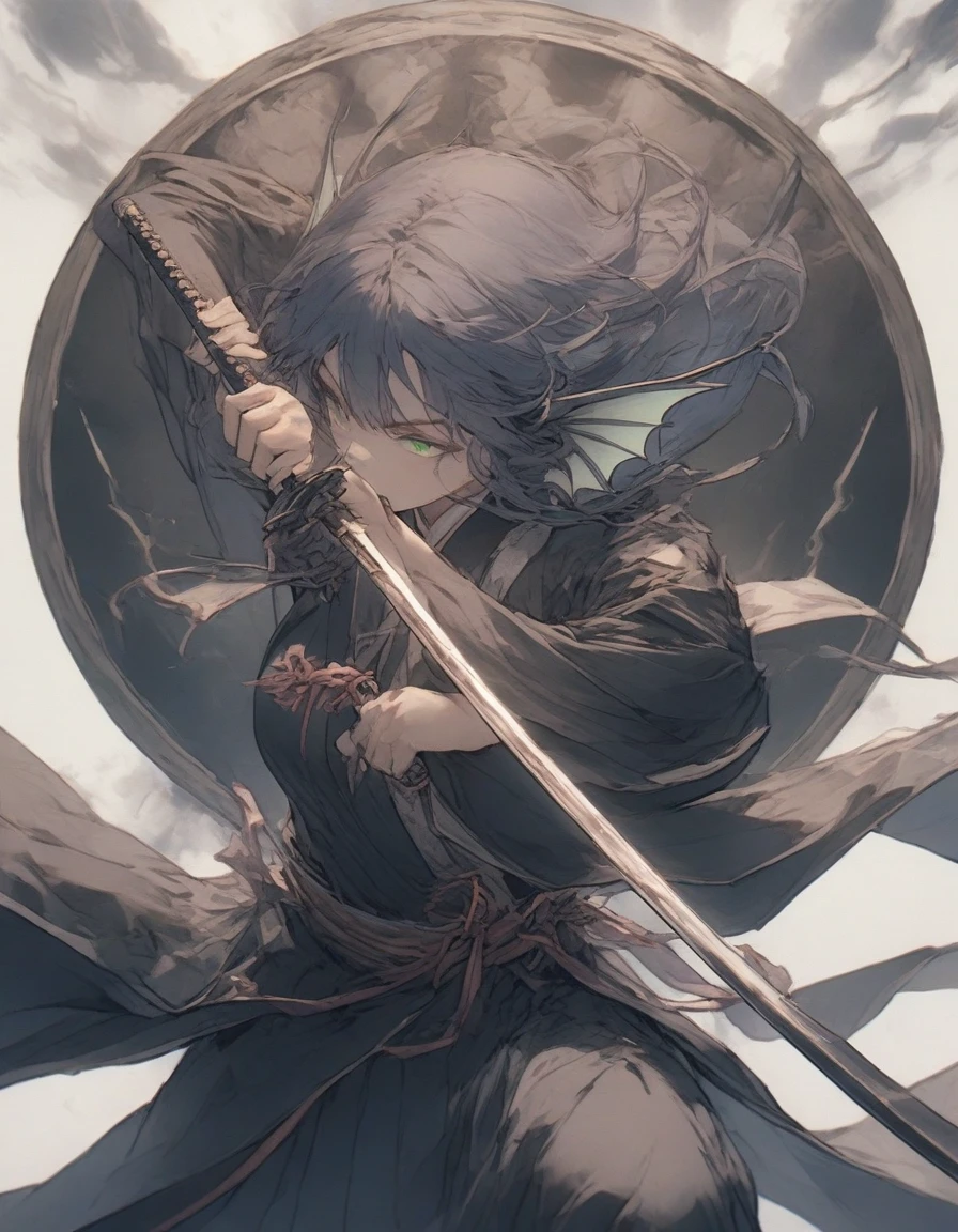 ,snap shot,red katana,fighting stance,(holding huge katana:1.3),,no pattern kimono,(black kimono:1.1),samurai,,,{{{Huge breasts}}},,,,,,long skirt, brooches,Blue brooch,,(dark Blue hair:1.25),gradient_hair,( Green eyes:1.25),hair_ornament detached ,,Very Long Ponytail, poneyTail,, (head fins:1.25),、stormy、lightning bolt,iaidow,weapon, katana, holding sword, ready to draw, sheathed, unsheathing, scabbard,