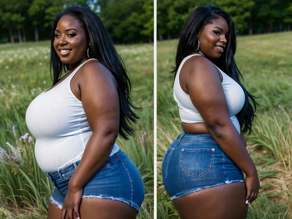 full side view of a very full-figured BBW woman, booty shorts, jeans, white tank top, long hair, smiling, dark skin, . shallow depth of field, highly detailed, high budget, bokeh, moody, epic. grass meadow. ((cartoon style):1.3). anatomically correct.