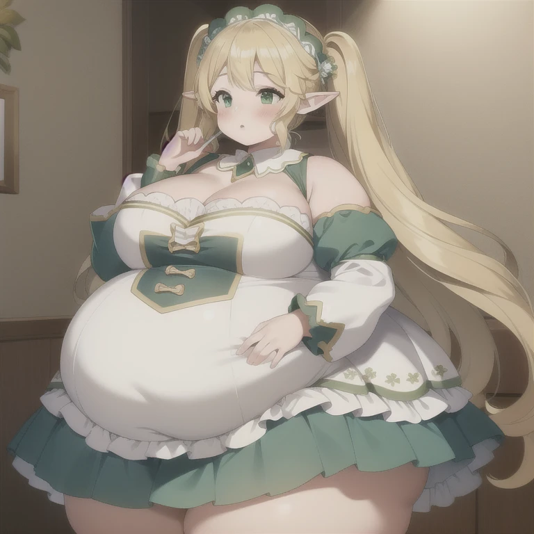 (masterpiece, best quality),  intricate details,
1girl,    green hair,    chubby, obese, mcdonalds, elf ears, blonde hair, long hair, twintail,