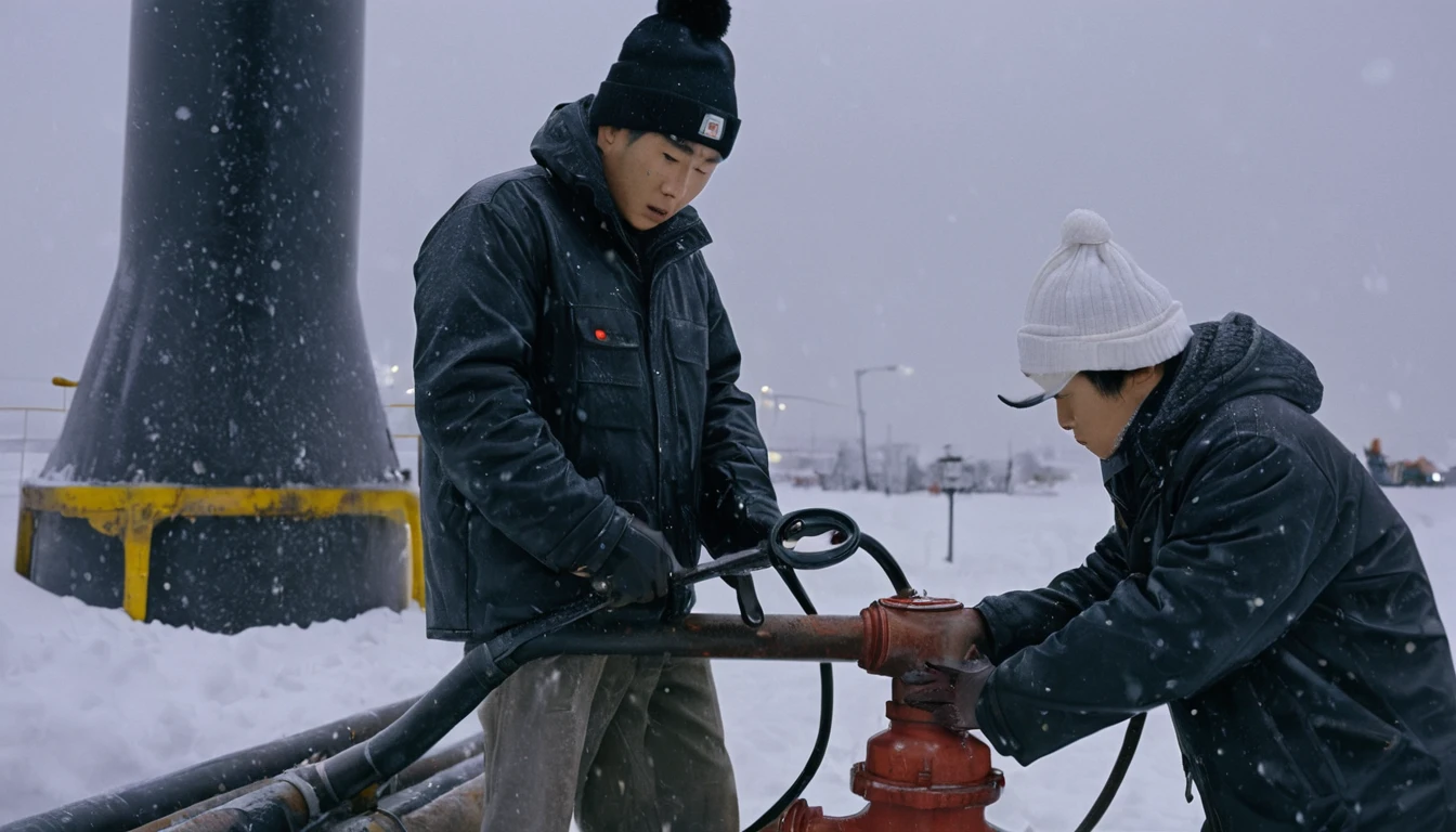 Two 20-year-old men working on a pipeline,Wearing black cotton jacket,With cap,Asian,Huge pipe,Use a large wrench,A huge valve that opens half the screen,A huge valve that takes up half of the screen,Painful expression,With cap,Night,Night view,cold,Snow Covered,snowstorm,Gloomy sky