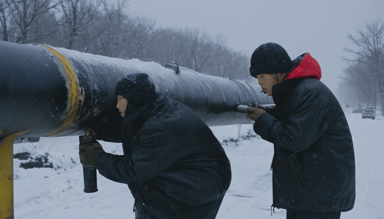 Two 20-year-old men working on a pipeline，Wearing black cotton jacket，With cap，Asian，Huge pipe，Use a large wrench，A huge valve that opens half the screen，A huge valve that takes up half of the screen，Painful expression，With cap，Night，Night view，cold，Snow Covered，snowstorm，Gloomy sky