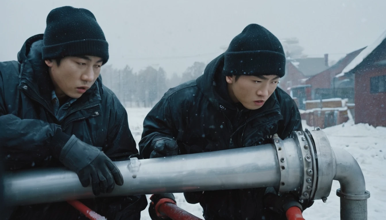 Two 20-year-old men working on a pipeline，Wearing black cotton jacket，With cap，Asian，Huge pipe，Use a large wrench，A huge valve that opens half the screen，A huge valve that takes up half of the screen，Painful expression，With cap，Night，Night view，cold，Snow Covered，snowstorm，Gloomy sky